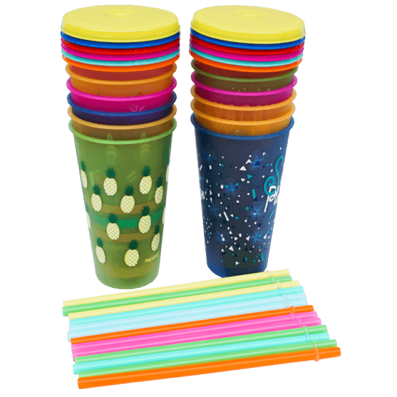 Set 12 pahare reutilizabile cu capac si pai, schimbare culoare